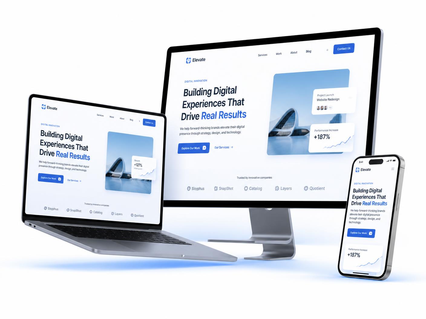 Sites criados pela Aventer Web exibidos em notebook, desktop e smartphone